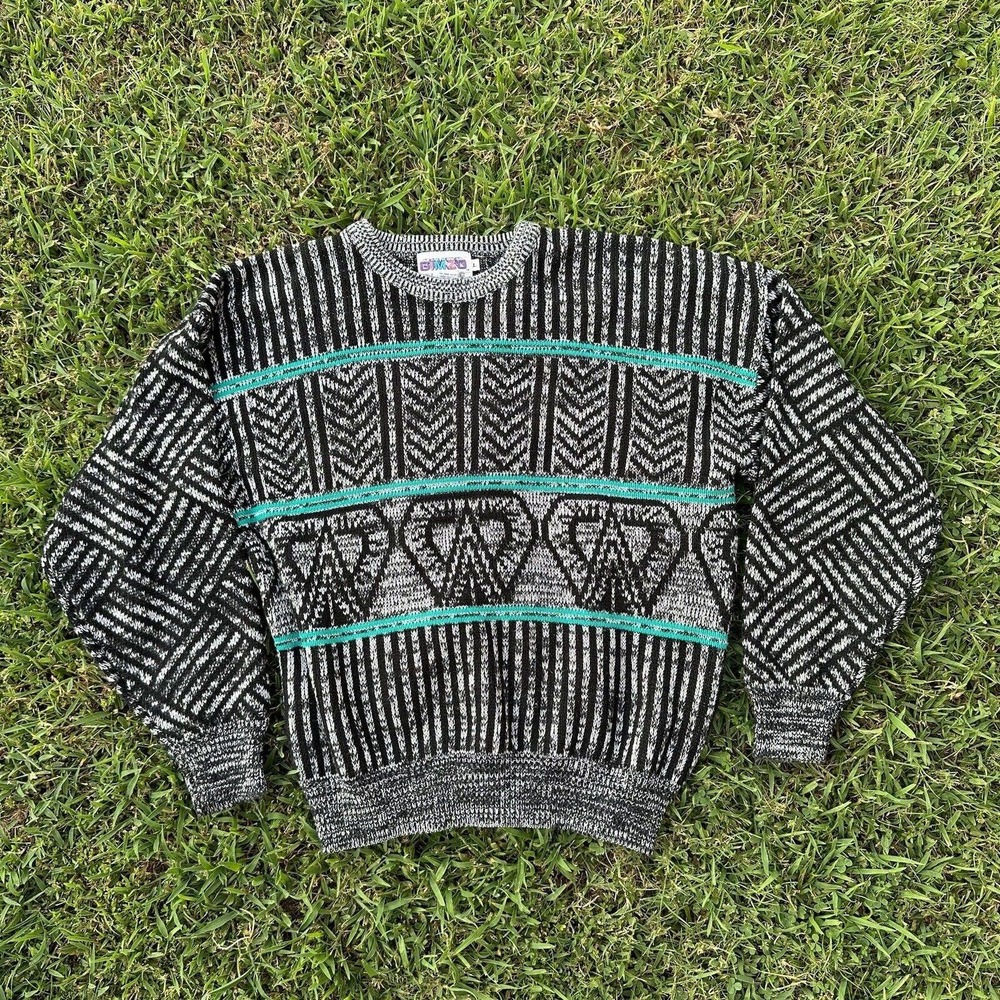 Gizmo Mens Large 90s Coogi Style Ed Bassmaster Geometric Knit Cosby Dad Sweater